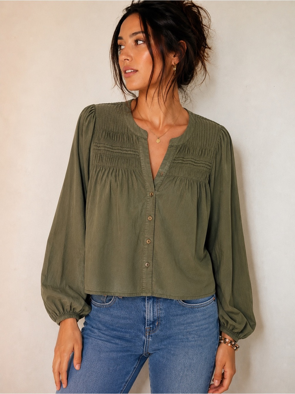 Cleobella River Pin Tuck Blouse Olive Green Small Organic Cotton- NWOT